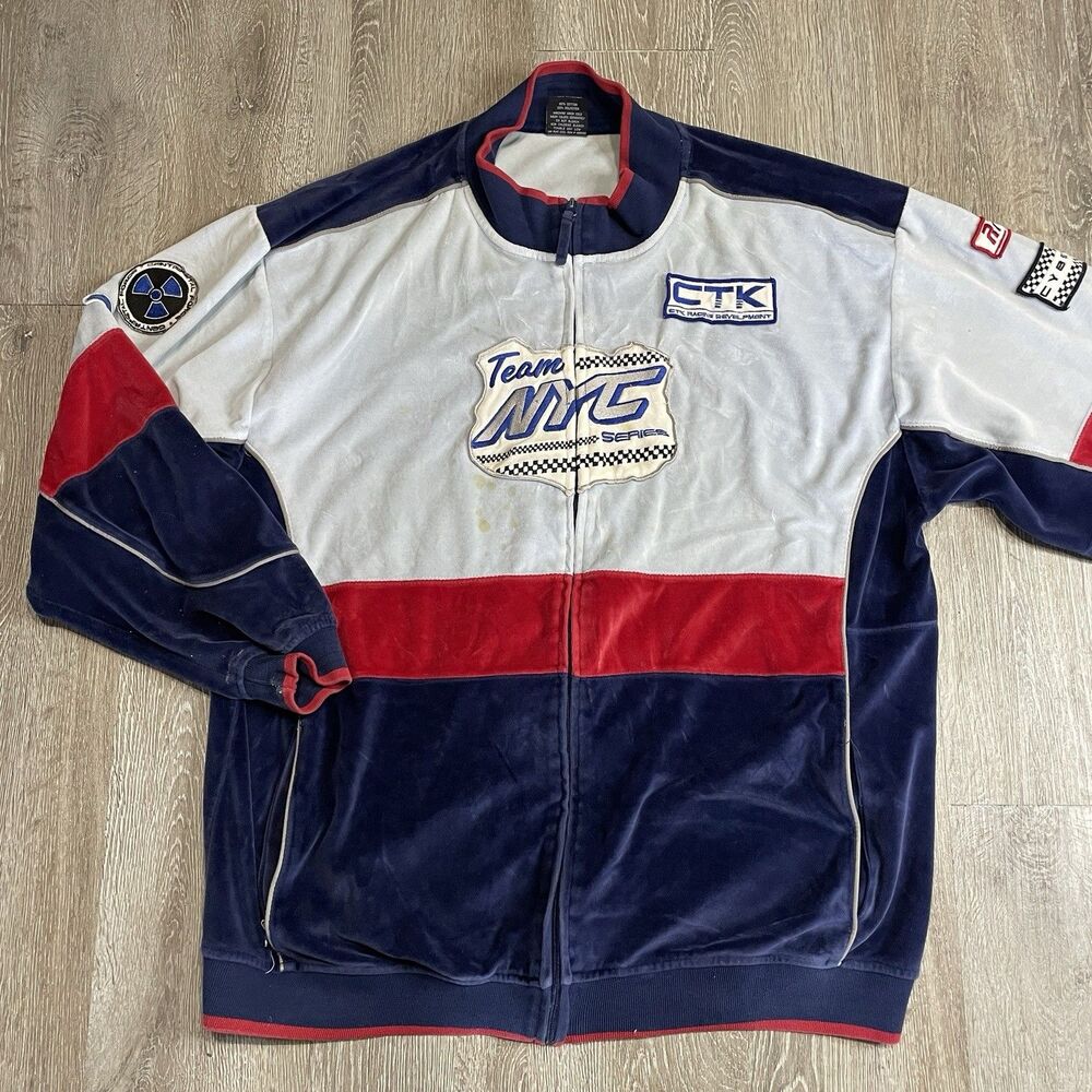 Vtg  NYC Racing Team Jacket Velour Zip Up Sweater Ctk Rpm Y2K Motorsport 90s 2XL